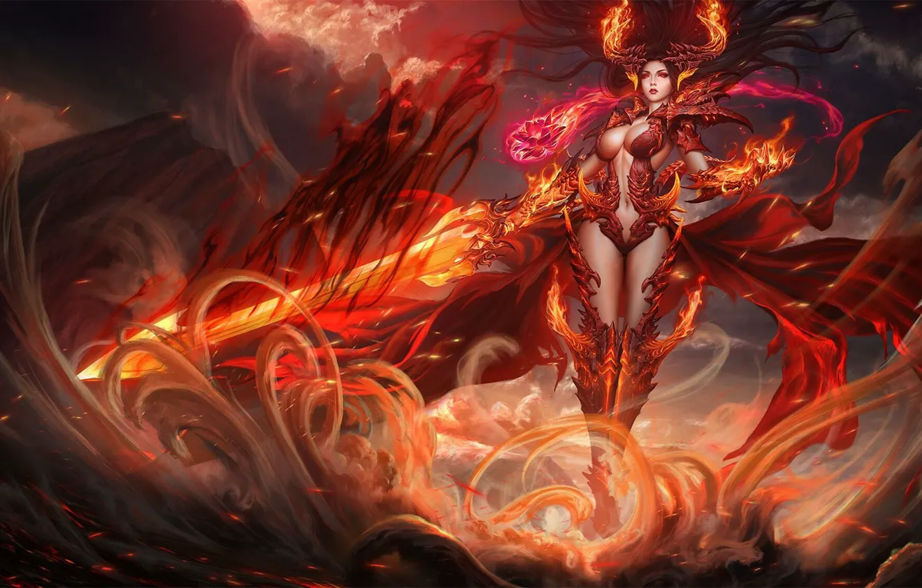 Фото обои девушка, огни, стиль, фантастика, пламя, магия, меч, доспехи