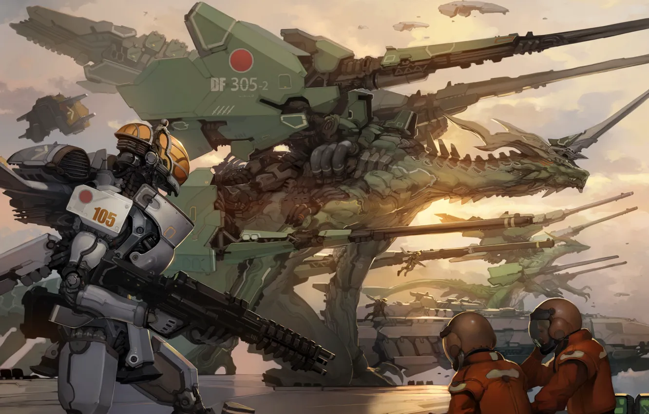 Фото обои машины, оружие, робот, драконы, войны, арт, меха, takayama toshiaki