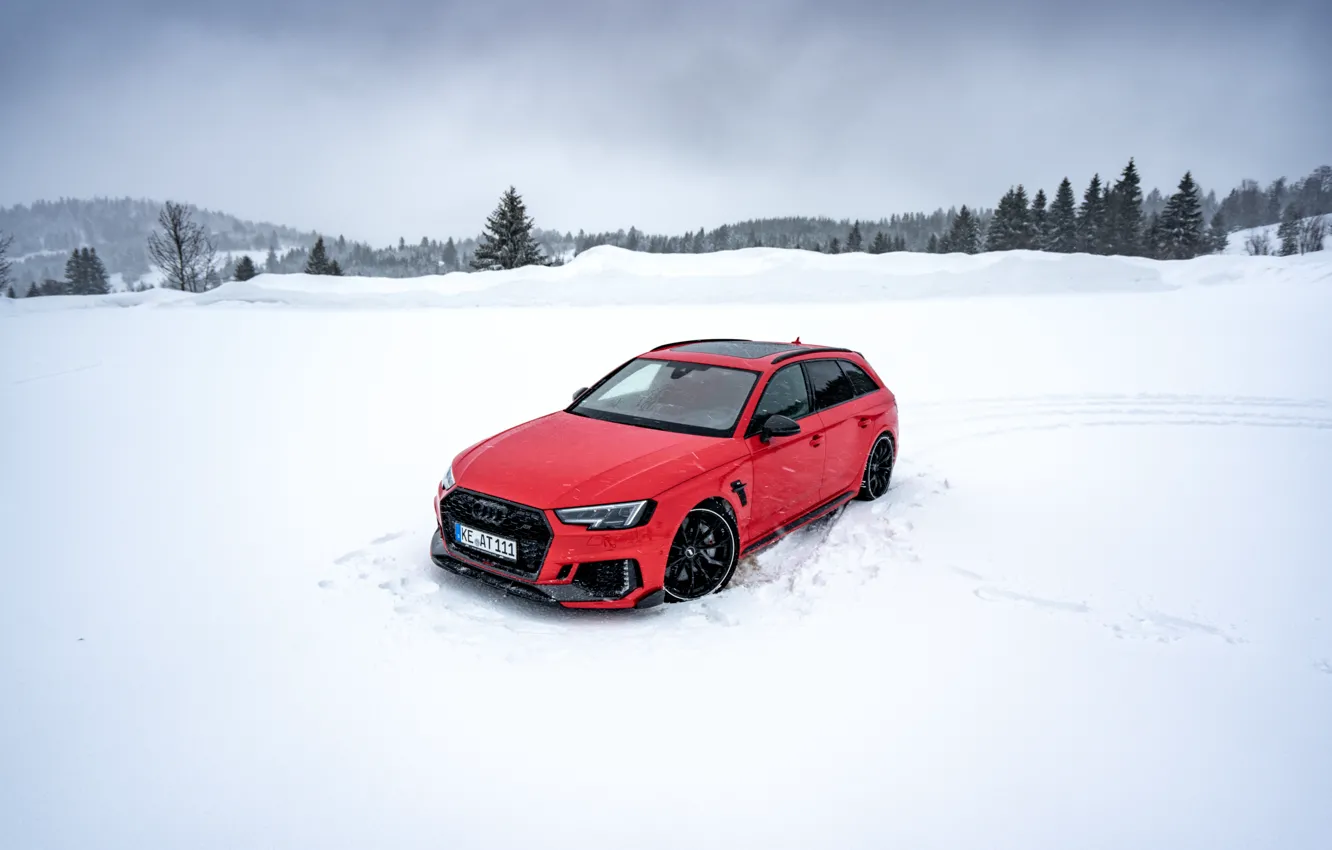 Фото обои Audi, Red, Snow, Tuning, ABT, Forest, Audi RS4, RS4+
