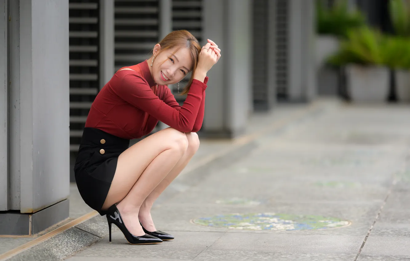 Фото обои улыбка, позитив, ножки, азиатка, милашка, legs, красивая девушка, smile