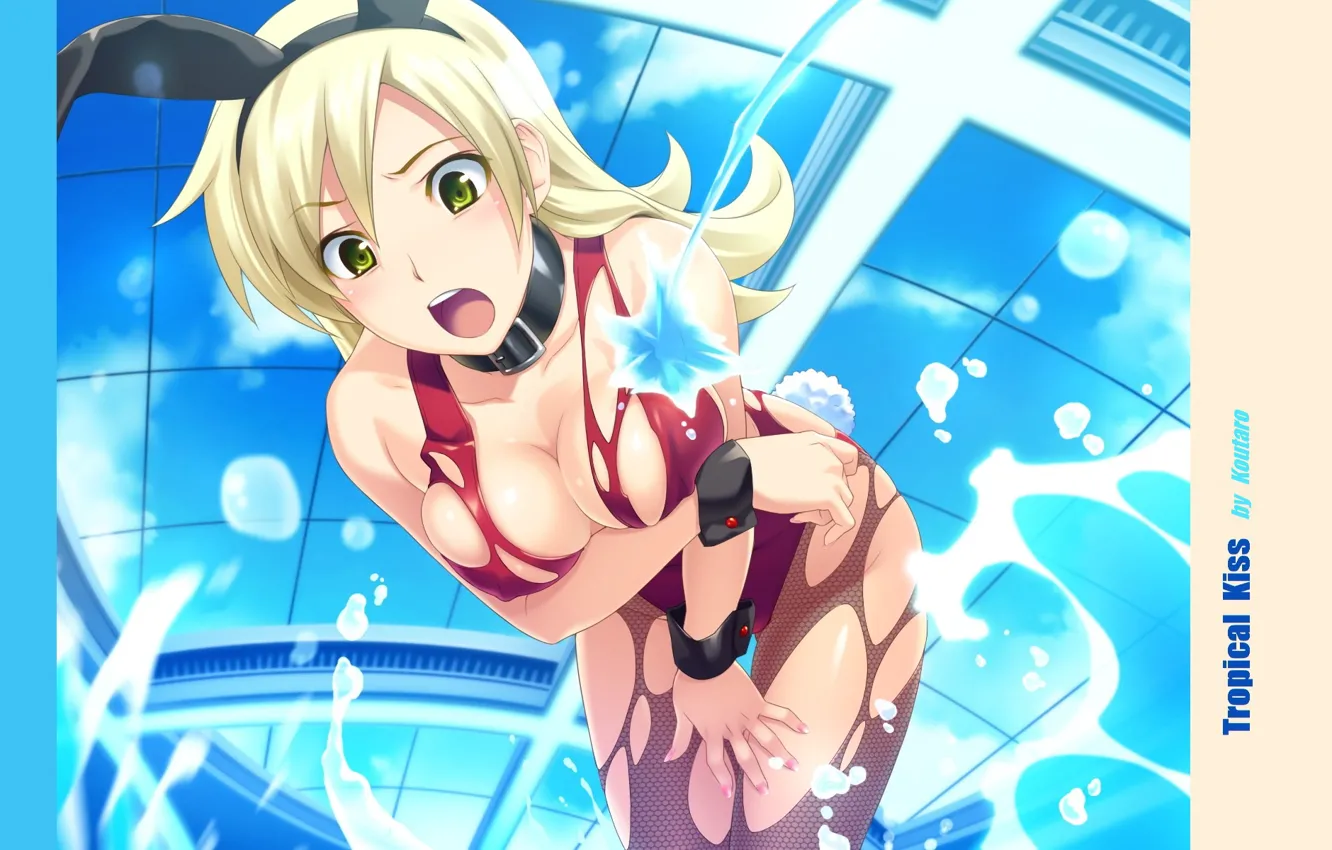 Фото обои купол, неожиданность, рваная одежда, tropical kiss, брызги воды, visual novel, зайчик Playboy, чокер