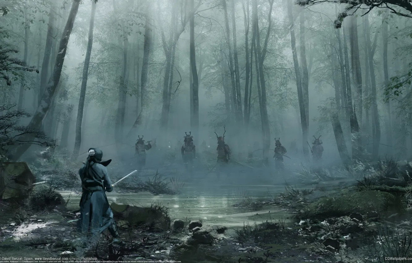 Фото обои бой, арт, поединок, самураи, david benzal, samurai battle