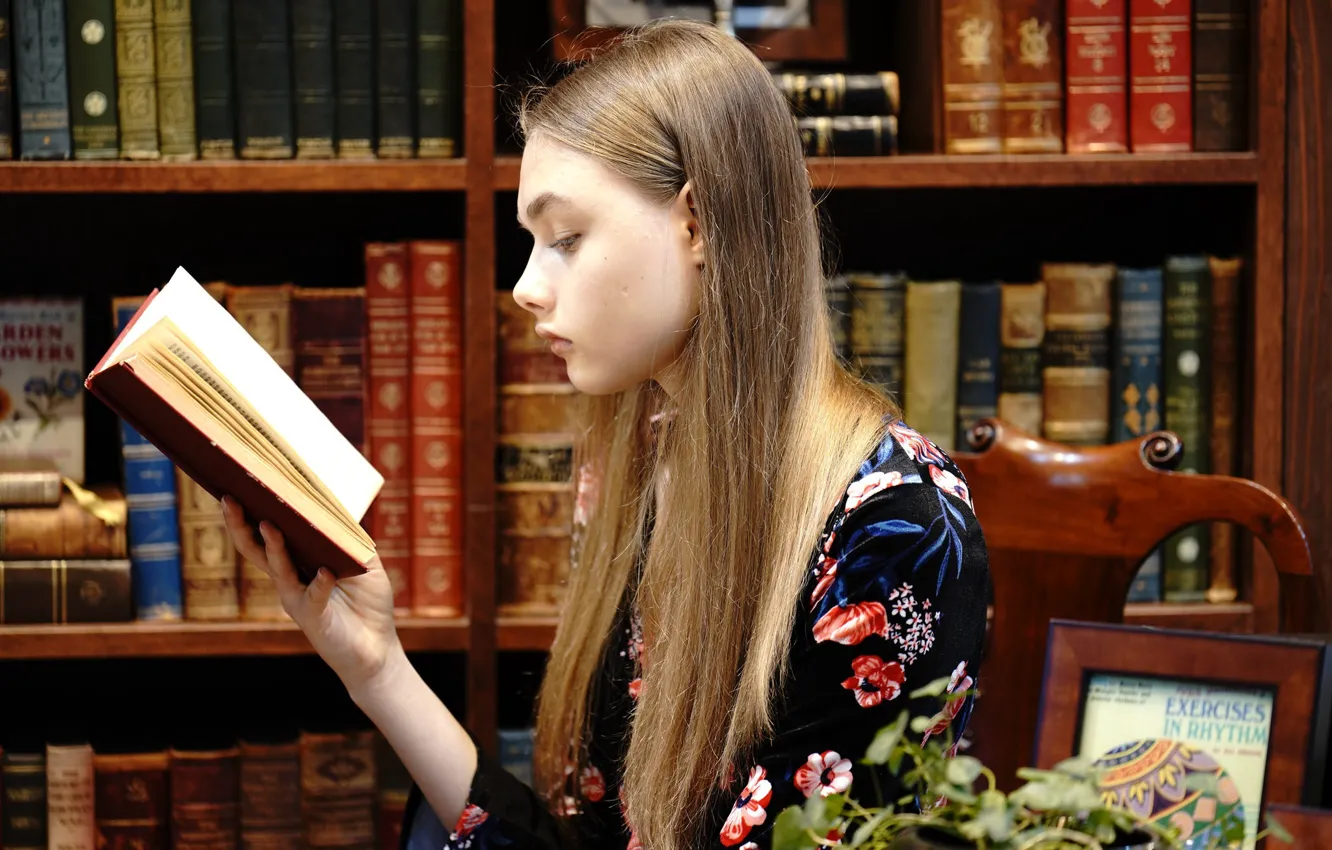 Фото обои девушка, лицо, волосы, книга, библиотека, читает