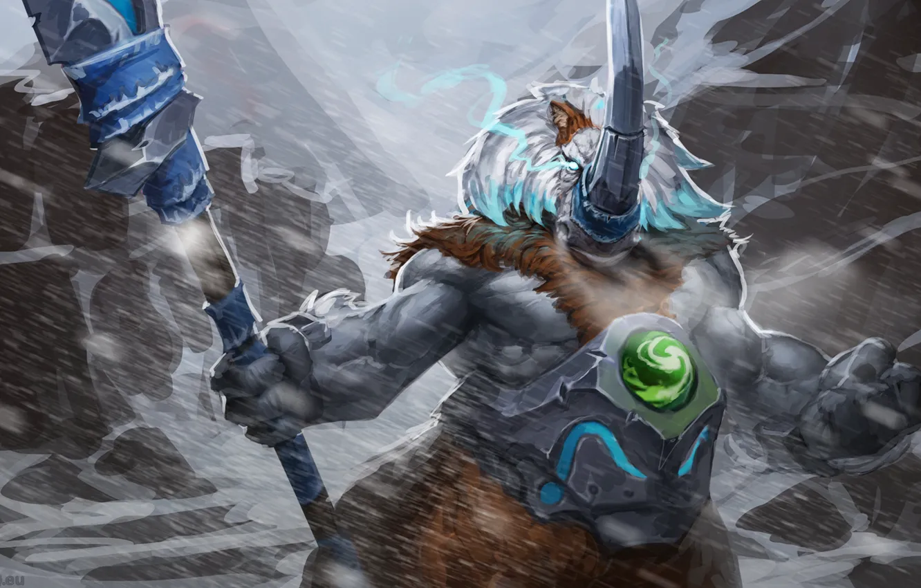 Фото обои арт, зверь, копьё, рог, Dota 2, Magnus, снежная буря