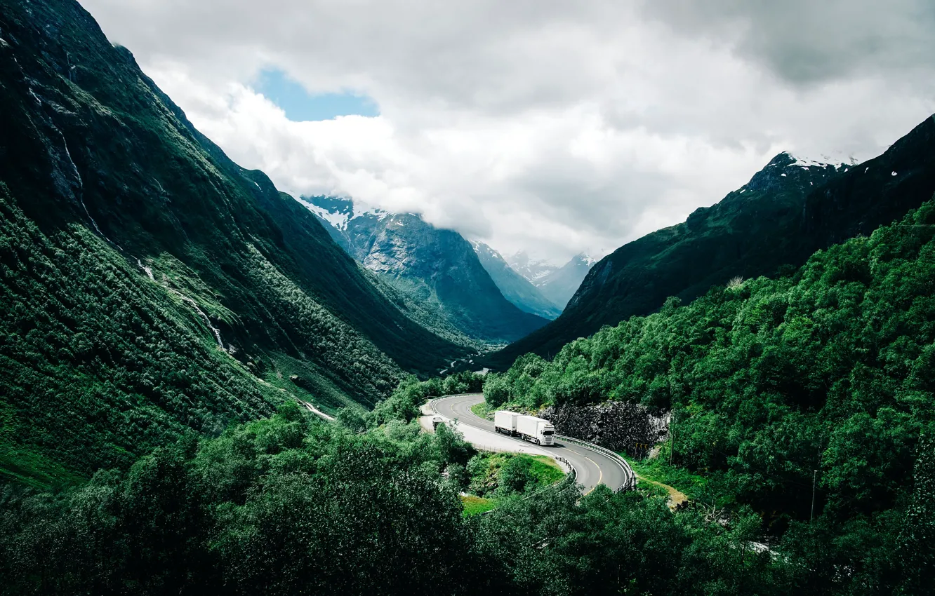 Фото обои Nature, Clouds, Wood, Landscape, Mountain, Street, Truck, Trees