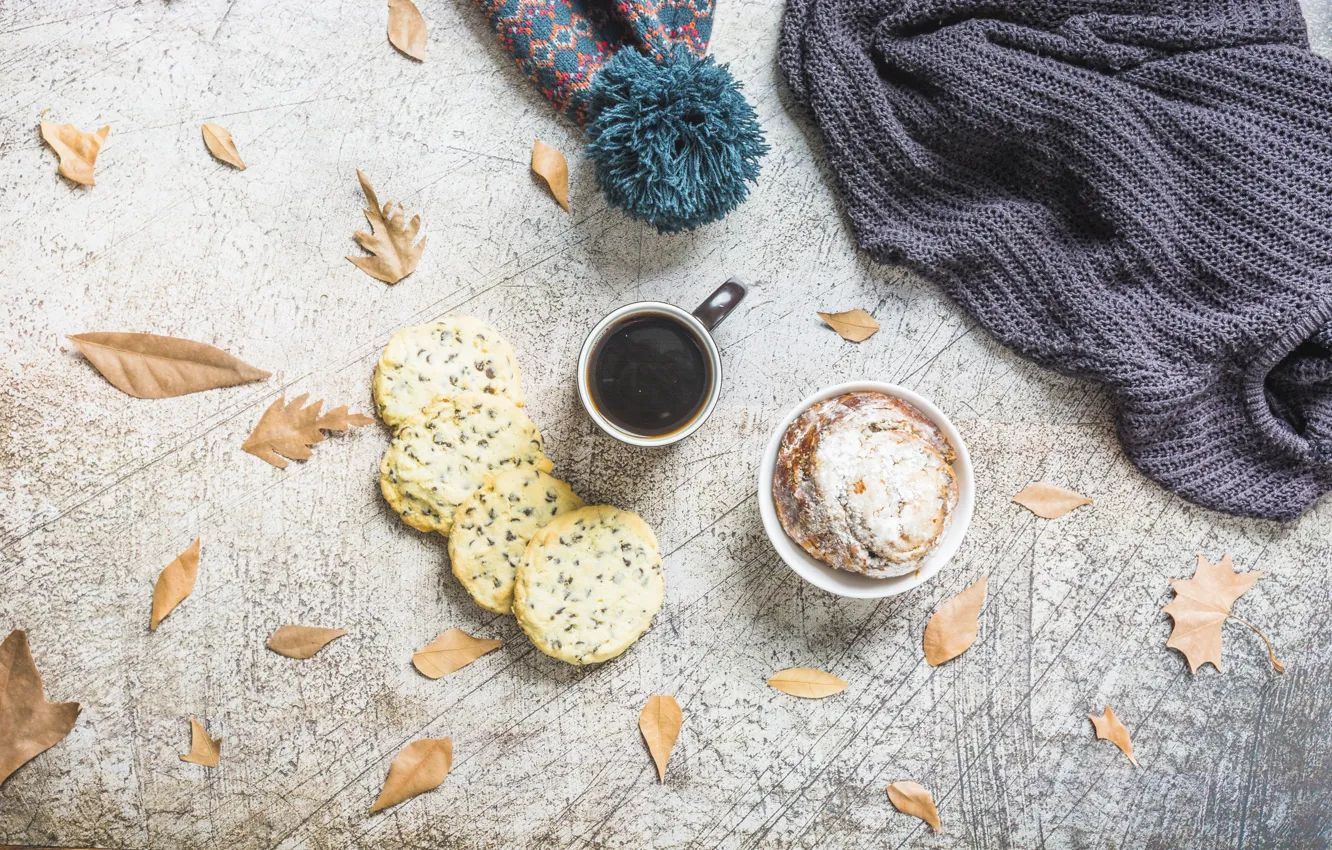 Фото обои кофе, печенье, Autumn, leaves, coffee, Pastry