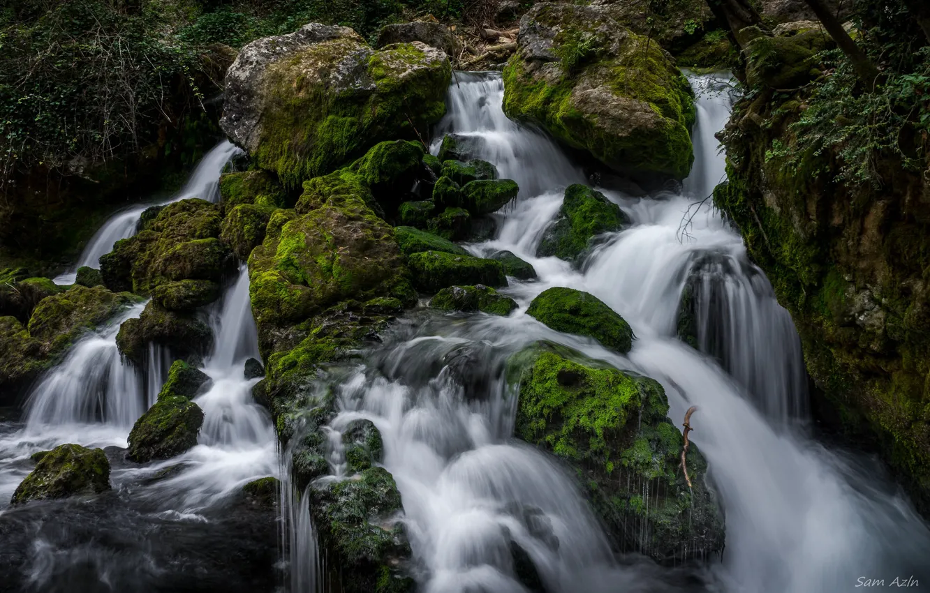 Фото обои вода, камни, водопад, мох
