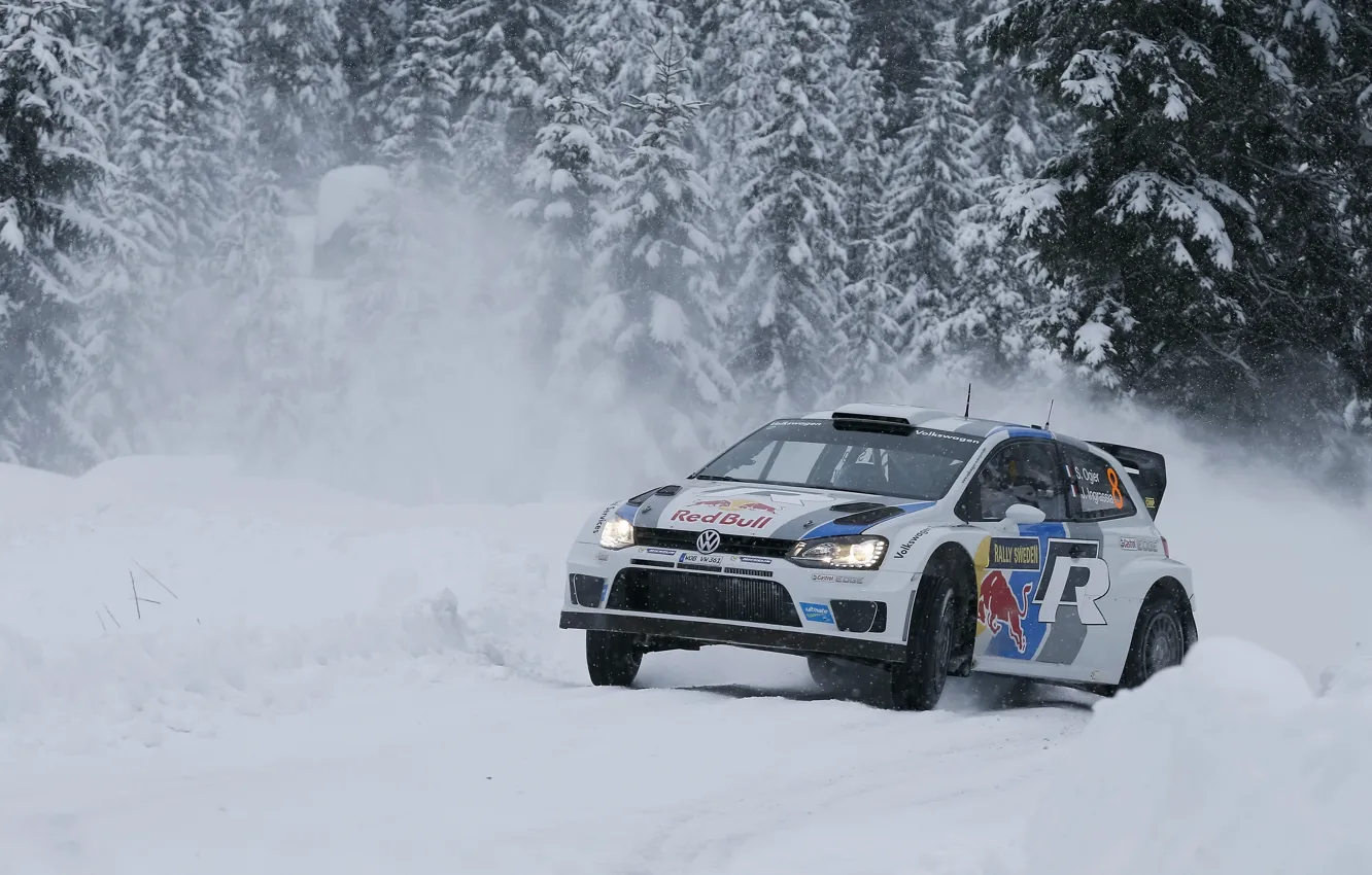 Фото обои Зима, Снег, Лес, Volkswagen, Занос, WRC, Rally, Ралли