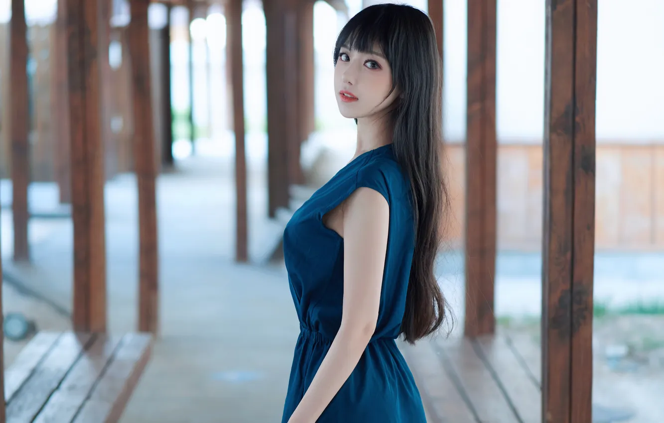 Фото обои Asian, long hair, dress, women, black hair, outdoors, blue dress, Shika XiaoLu
