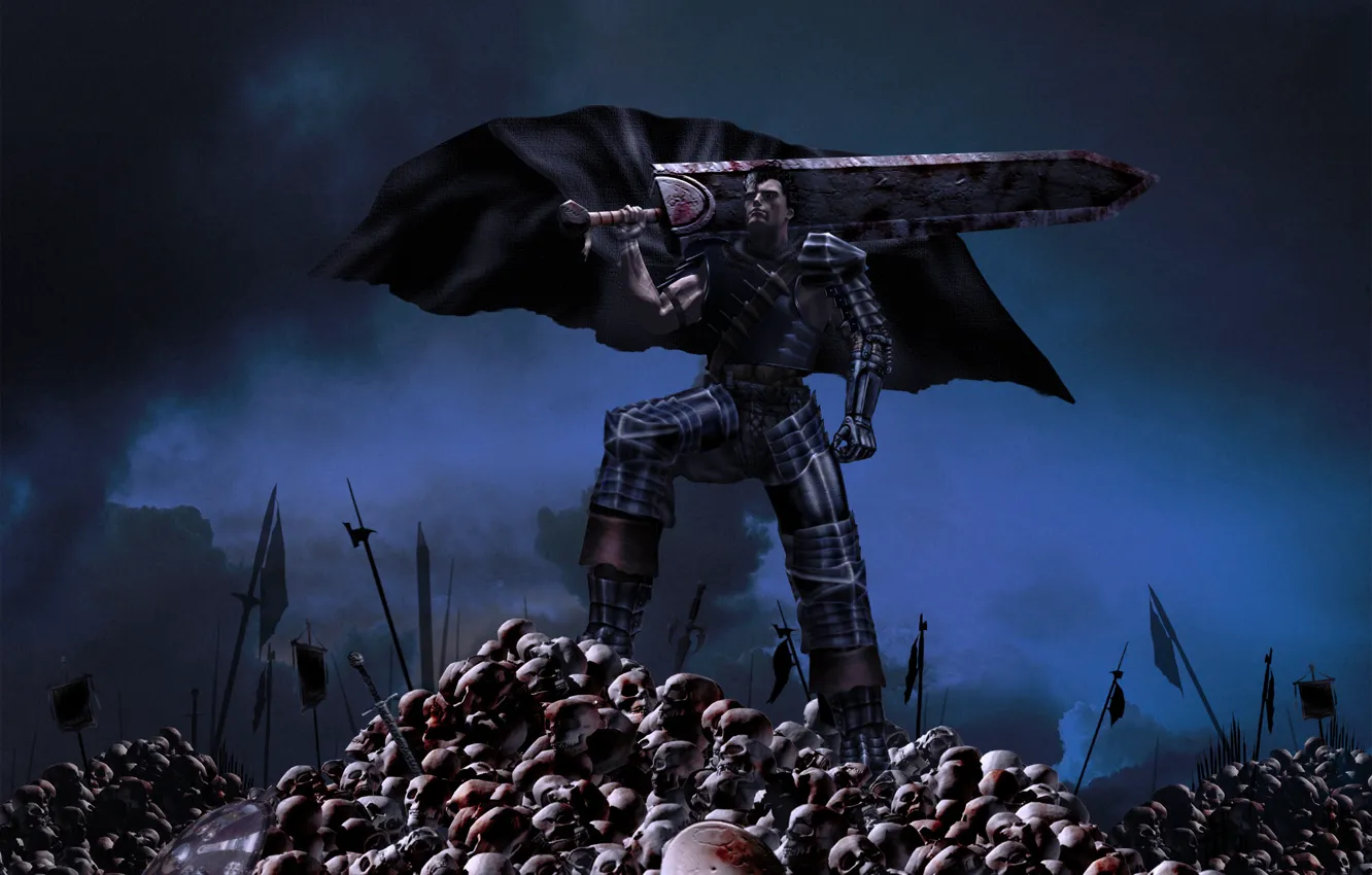 Фото обои оружие, кровь, меч, черепа, парень, плащ, поле брани, berserk