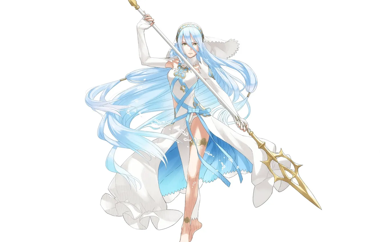 Фото обои белый фон, жезл, жрица, копьё, голубые волосы, богиня воды, Fire Emblem, на ципочках