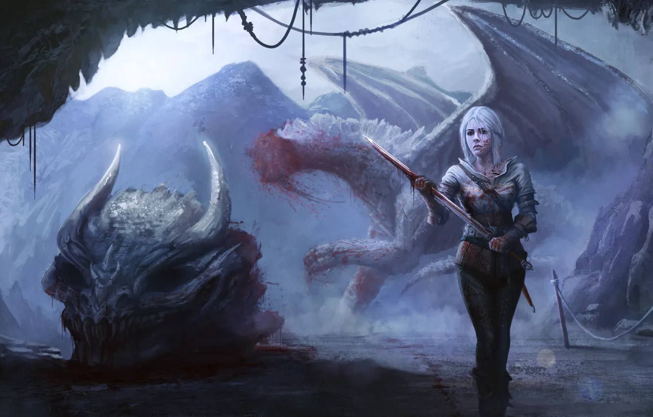 Фото обои девушка, дракон, череп, арт, Witcher 3: Wild Hunt, Cirilla