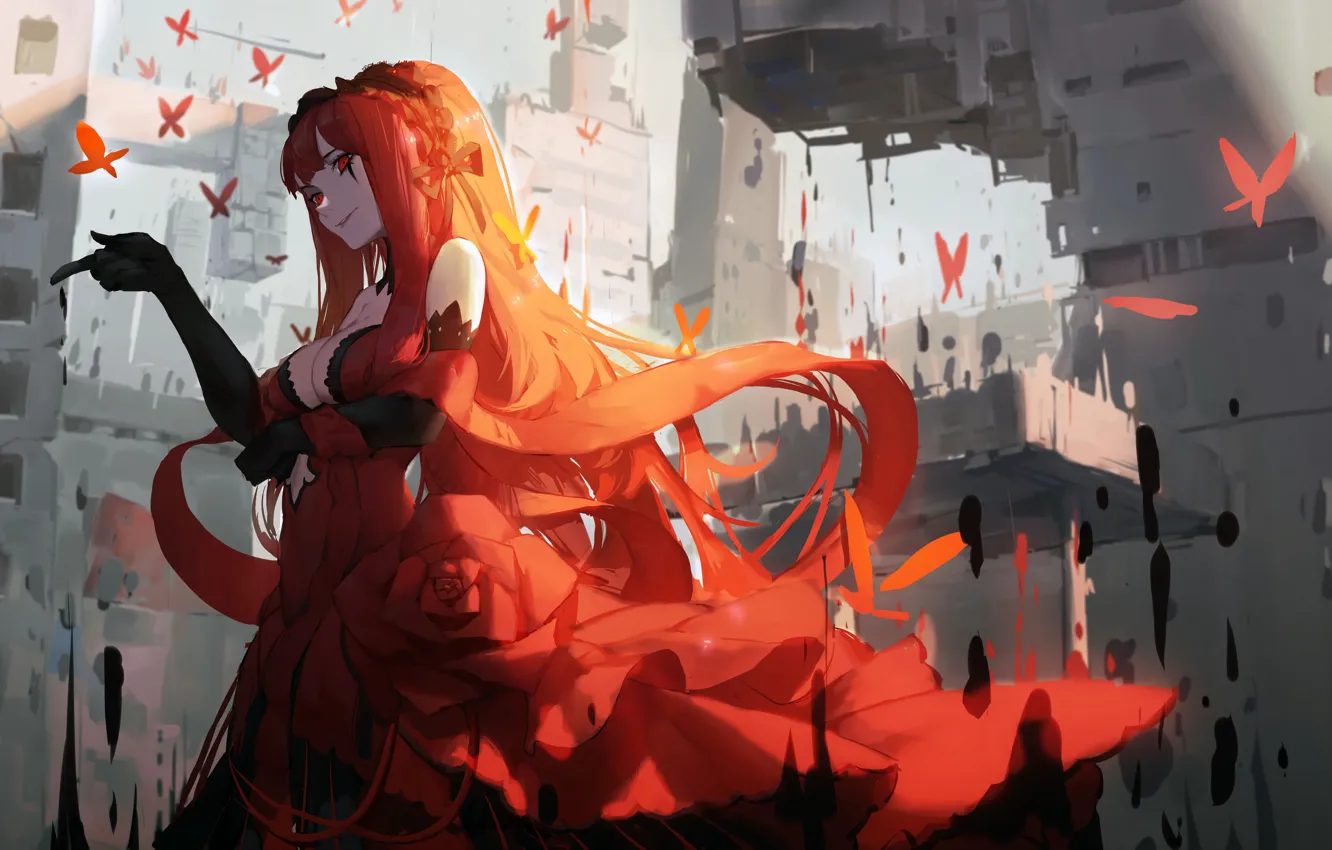 Фото обои девушка, город, аниме, арт, руины, красное платье