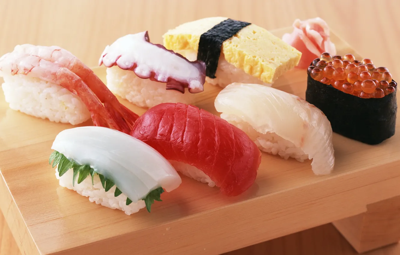 Фото обои еда, осьминог, рис, красная, икра, суши, роллы, креветки