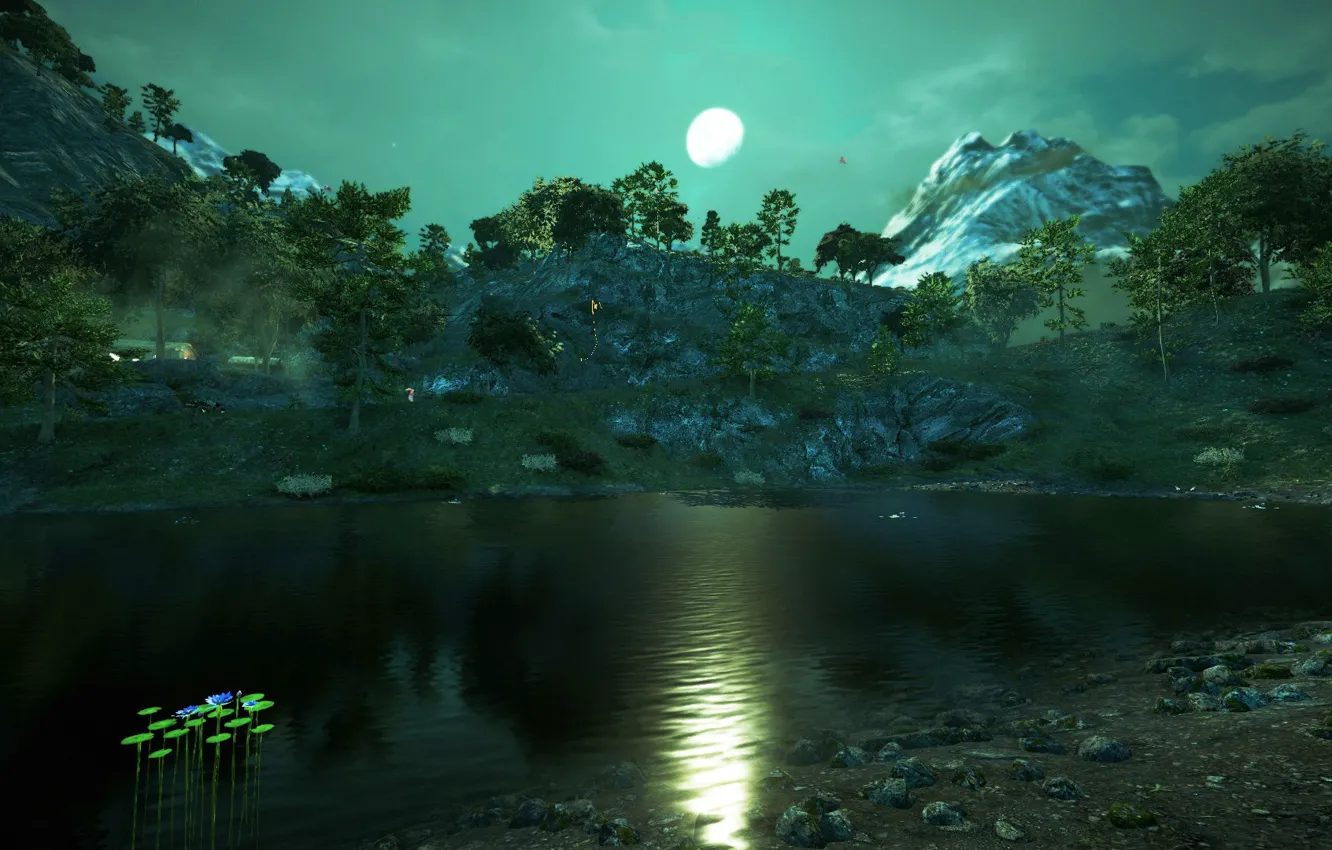 Фото обои деревья, пейзаж, горы, луна, картина, Far Cry 4