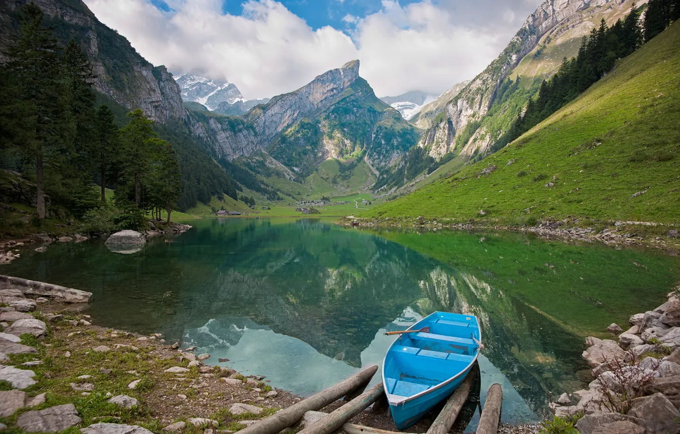 Фото обои горы, природа, озеро, камни, лодка