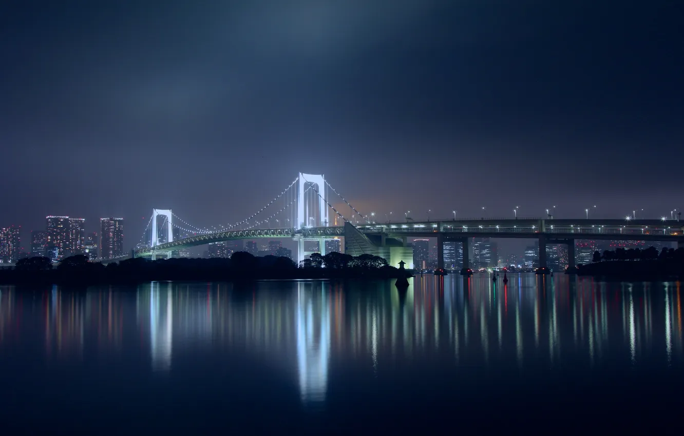 Фото обои Tokyo, Japan, World, Night, Rainbow Bridge, Reflection, Suspension bridge, City lights