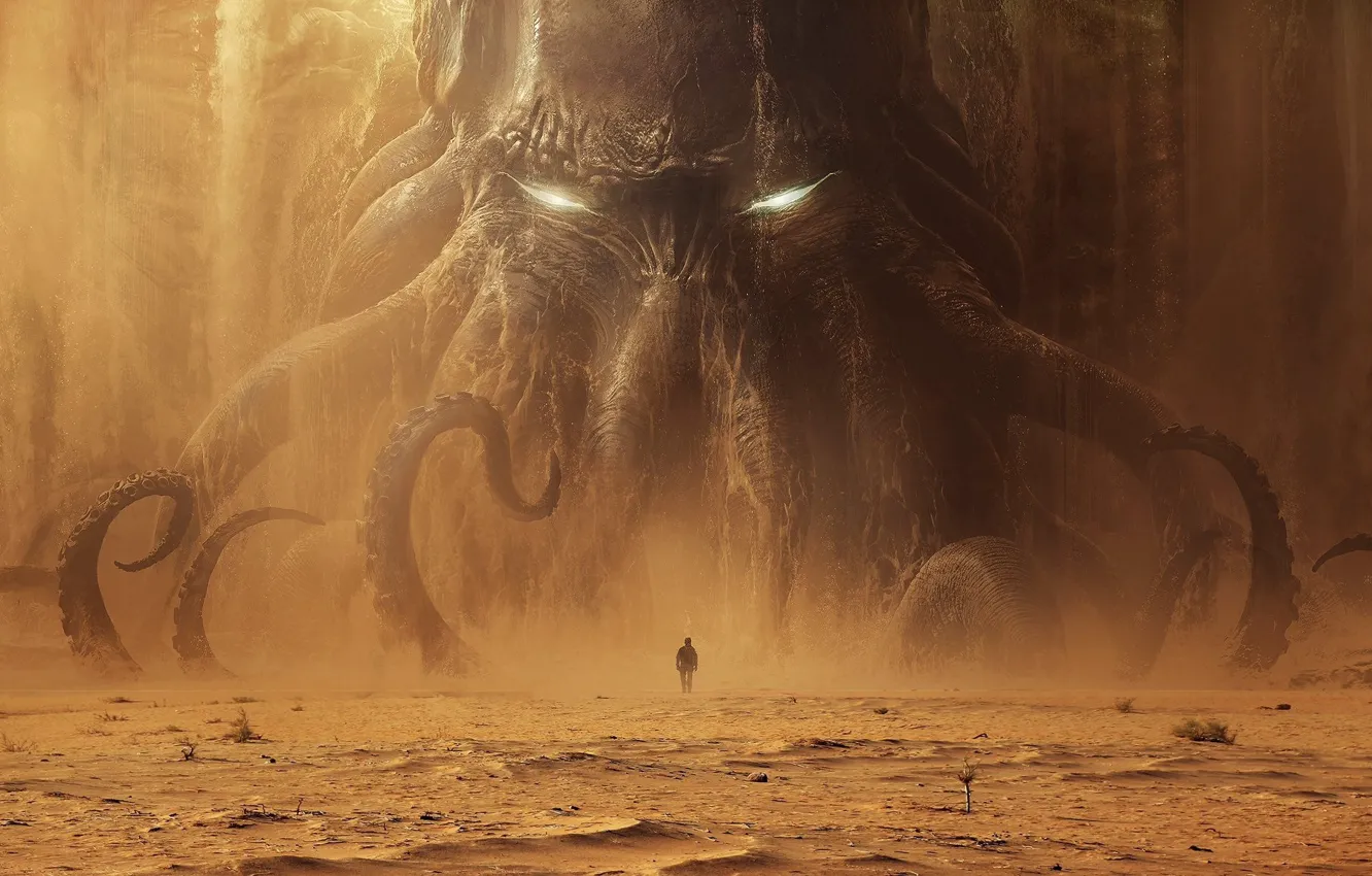 Фото обои Ктулху, Cthulhu, monster, man, sand, tentacles, dead sea, Лавкрафт