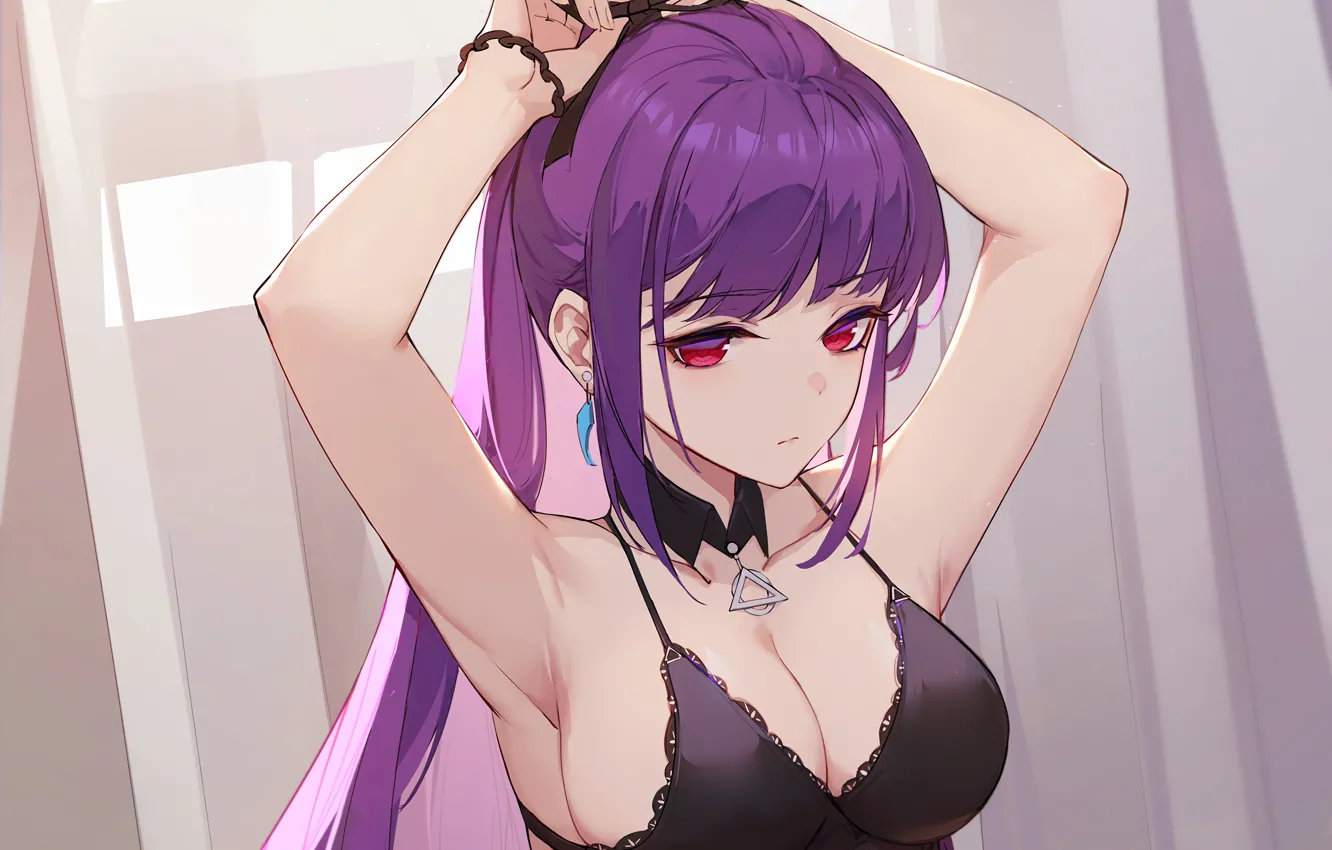 Фото обои anime, attractive, top, boobs, girl, ponytail, purple hair, pretty