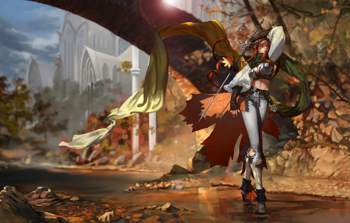 Фото обои осень, листья, девушка, река, оружие, меч, шарф, Эльф