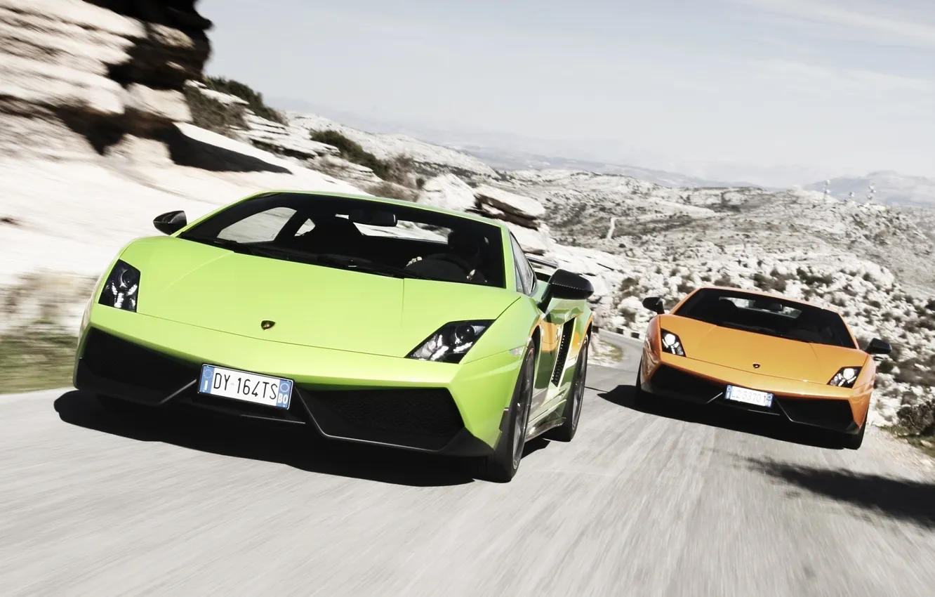 Фото обои дорога, небо, горы, оранжевый, Lamborghini, зелёный, суперкар, Superleggera