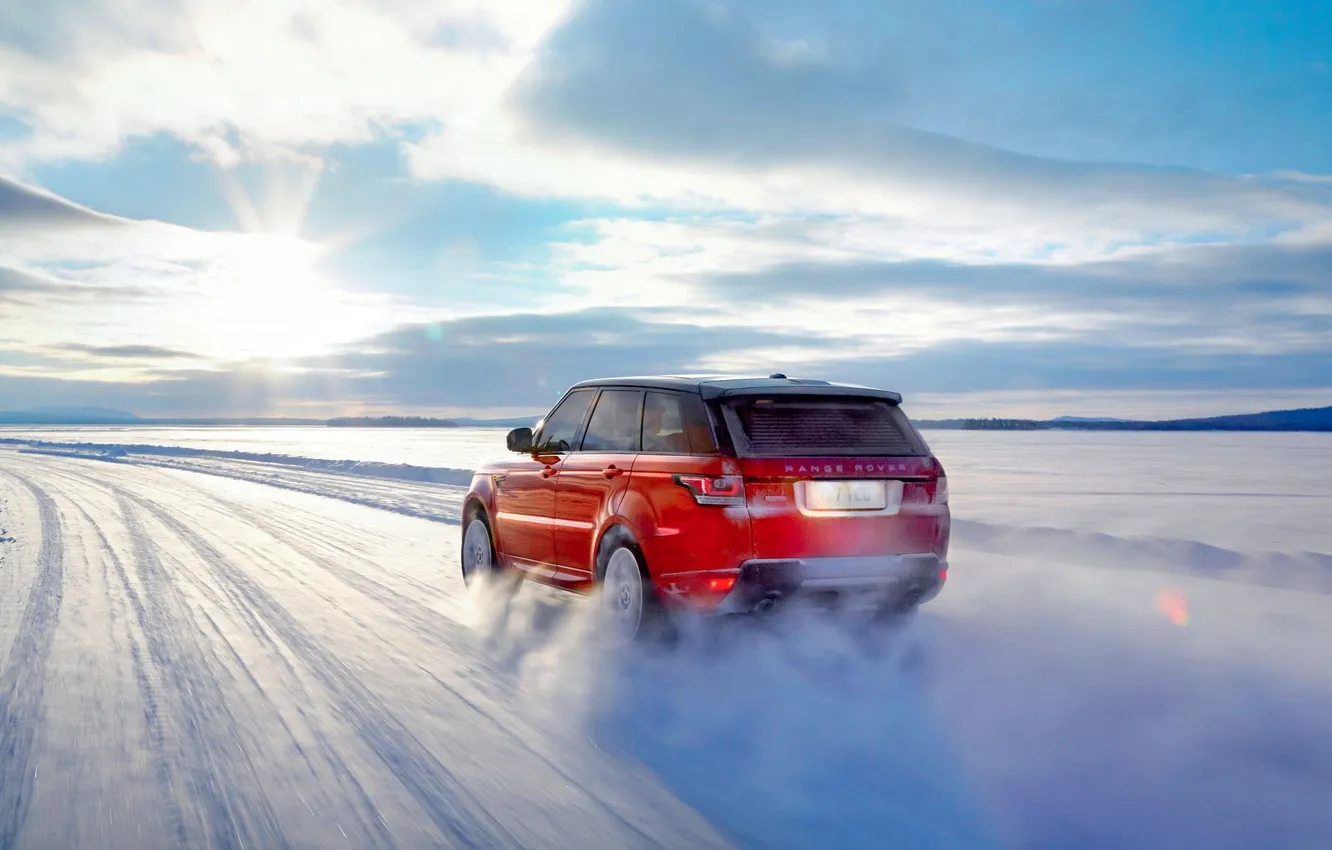 Фото обои Солнце, Небо, Красный, Зима, Авто, Снег, Скорость, Land Rover