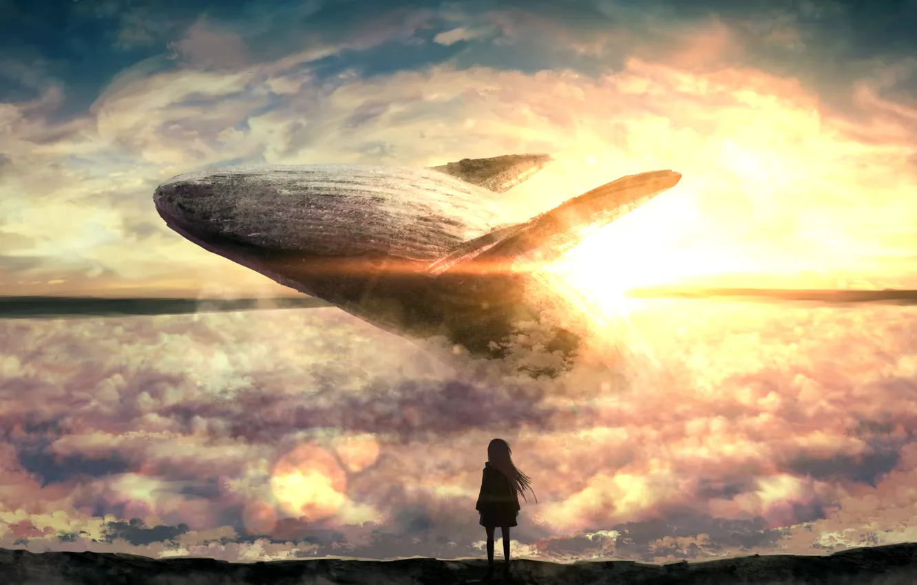 Фото обои девушка, солнце, облака, кит