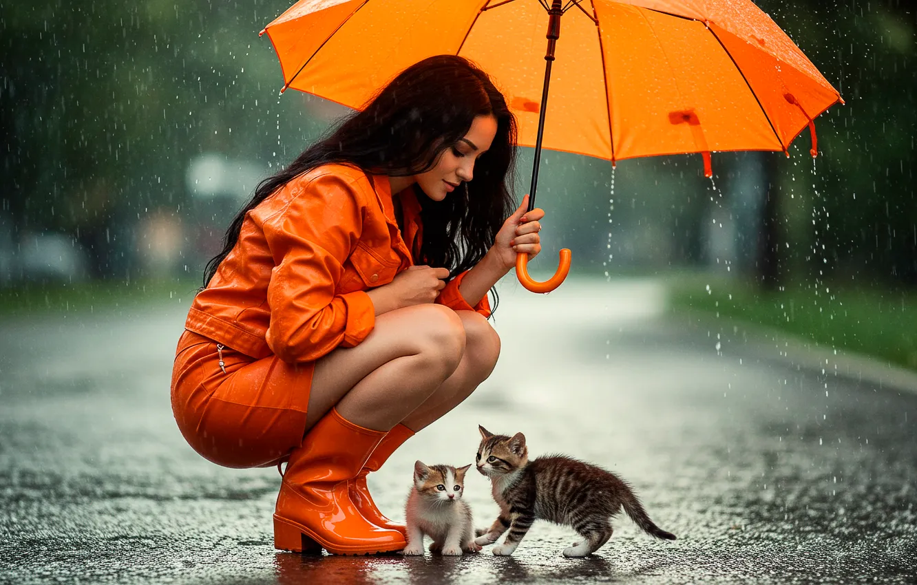 Фото обои дождь, зонт, котята, девyшка