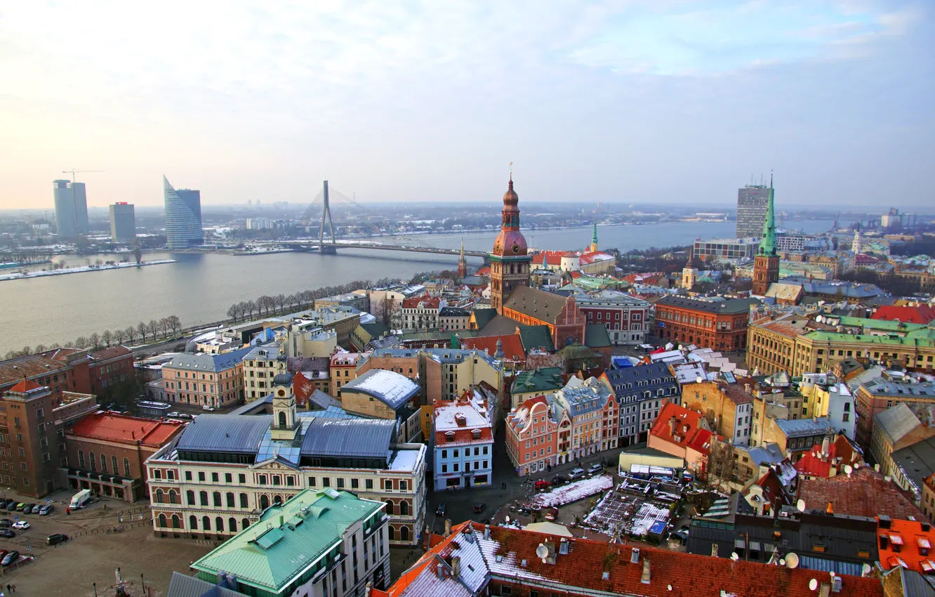 Фото обои зима, мост, река, дома, Рига, Латвия, Riga