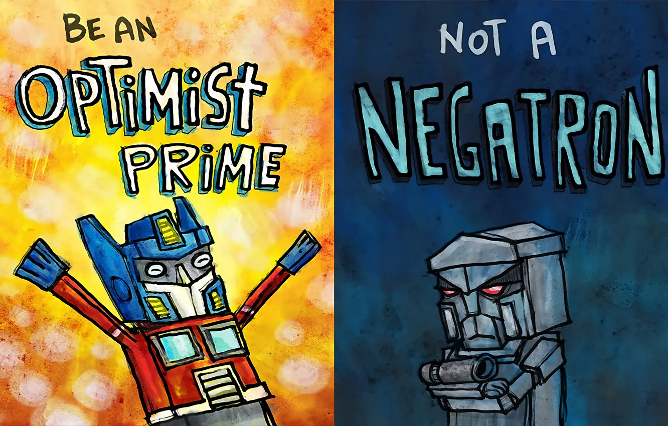 Фото обои рисунок, юмор, transformers, мегатрон, оптимус прайм, оптимист, пессимист