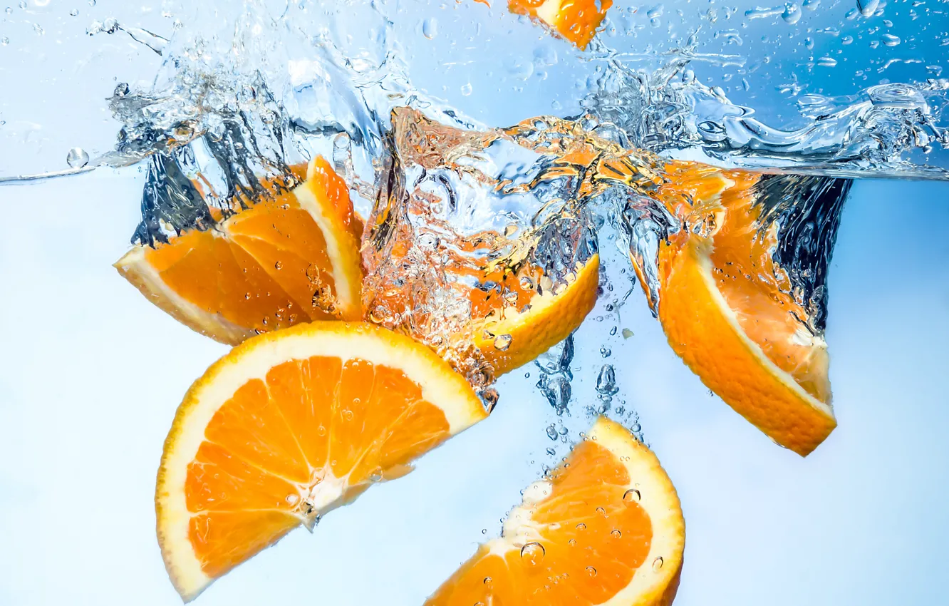 Фото обои вода, апельсин, дольки