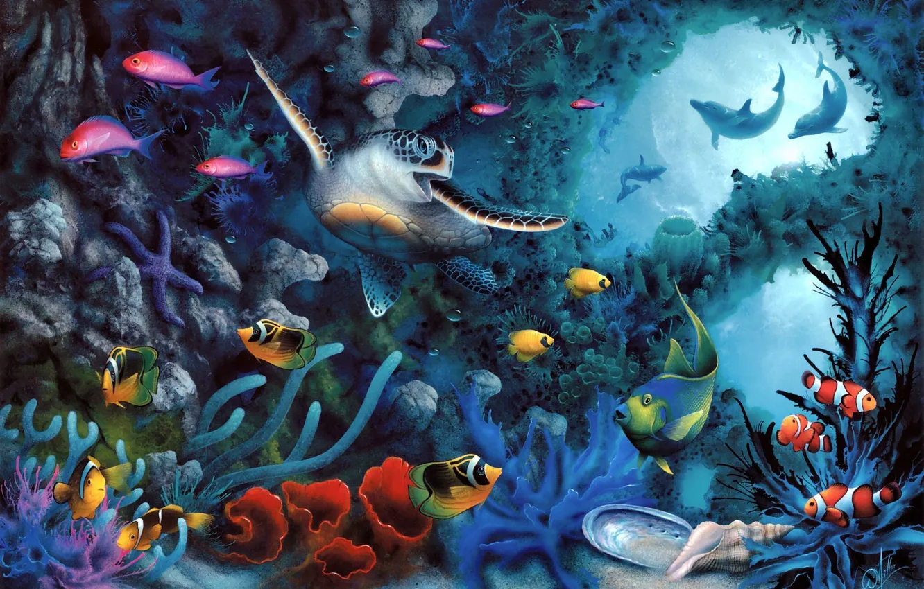 Фото обои рыбы, черепаха, арт, дельфины, морское дно, David Miller