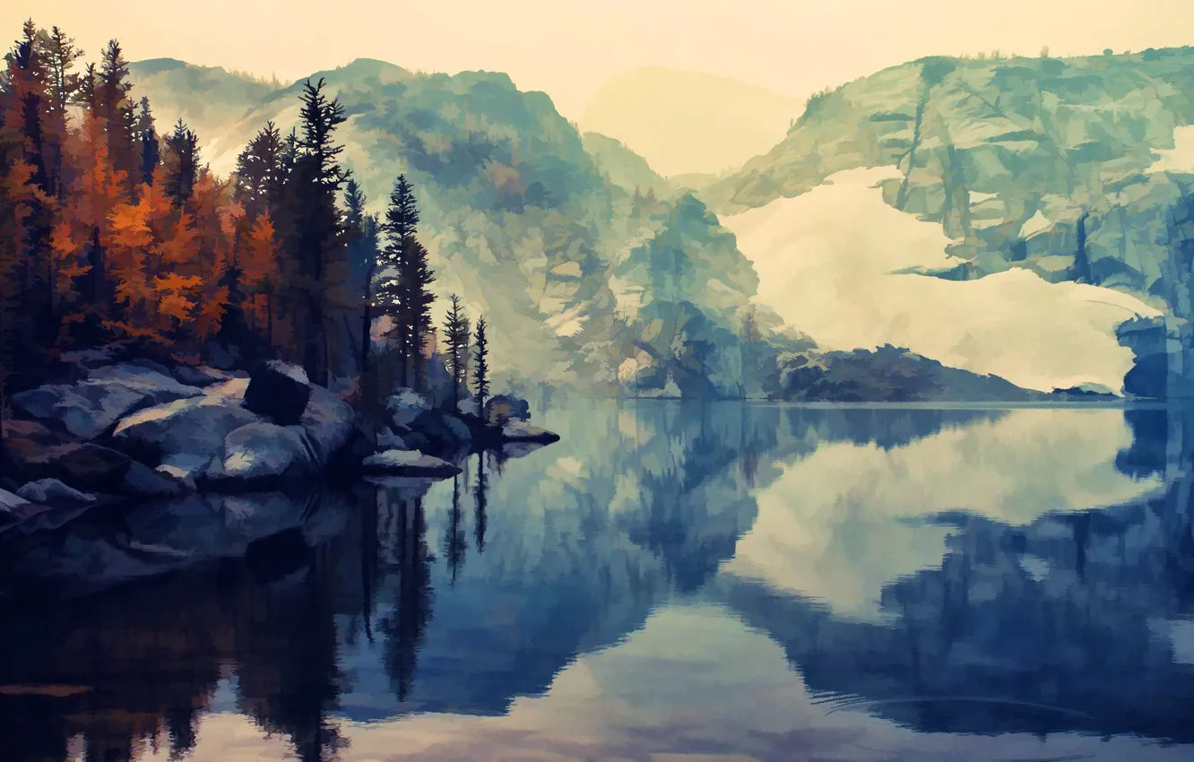 Фото обои осень, вода, снег, деревья, река, безмятежность, Горы