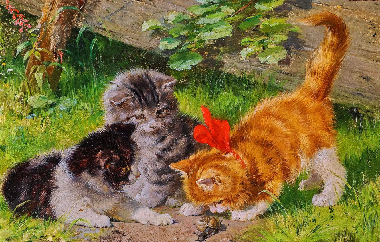 Фото обои Котята, Картина, Трое, Julius Adam, Юлиус Адам, Юлиус Антон Адам, Julius Anton Adam, Три котёнка …