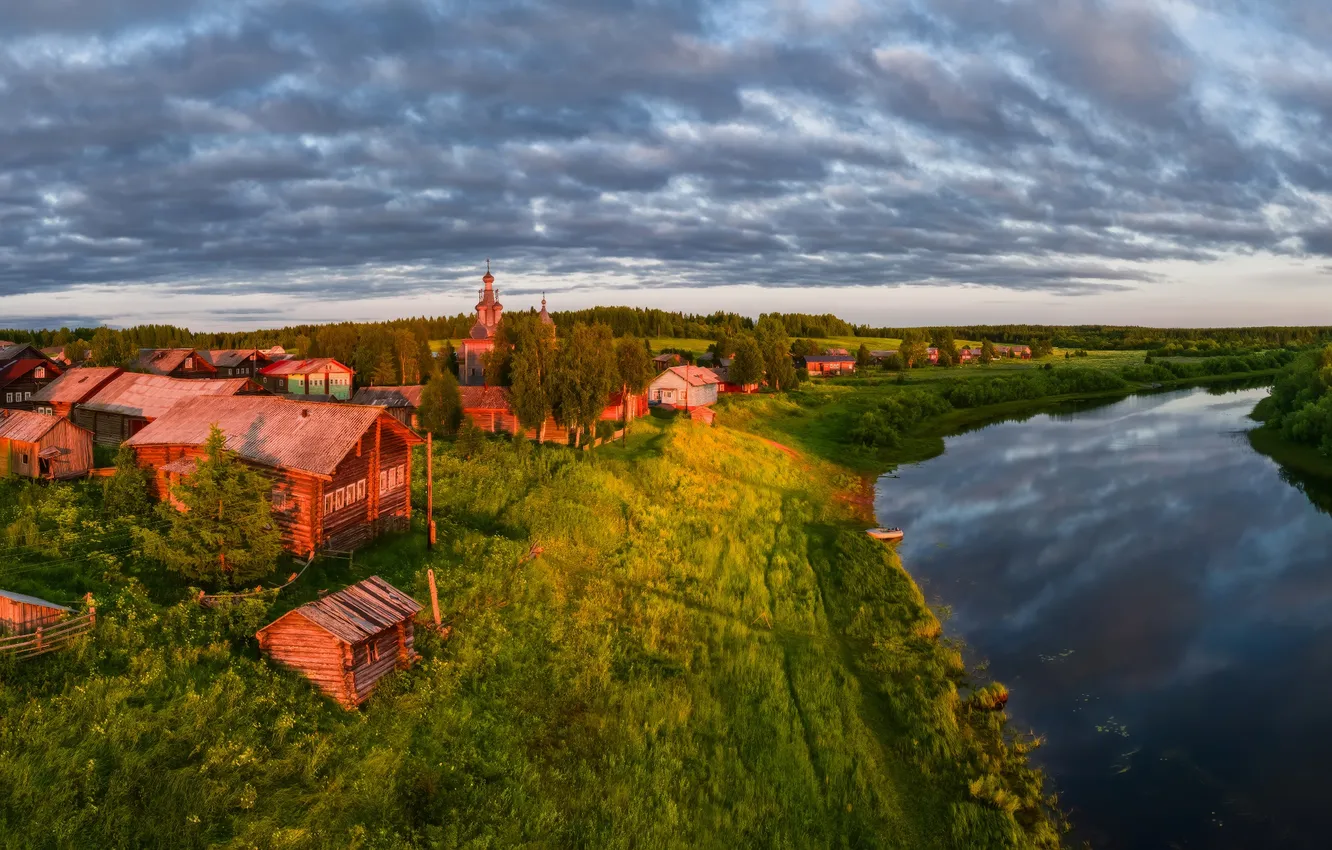 Фото обои храм, Россия, Russia, sunset, clouds, lake, village, reflection