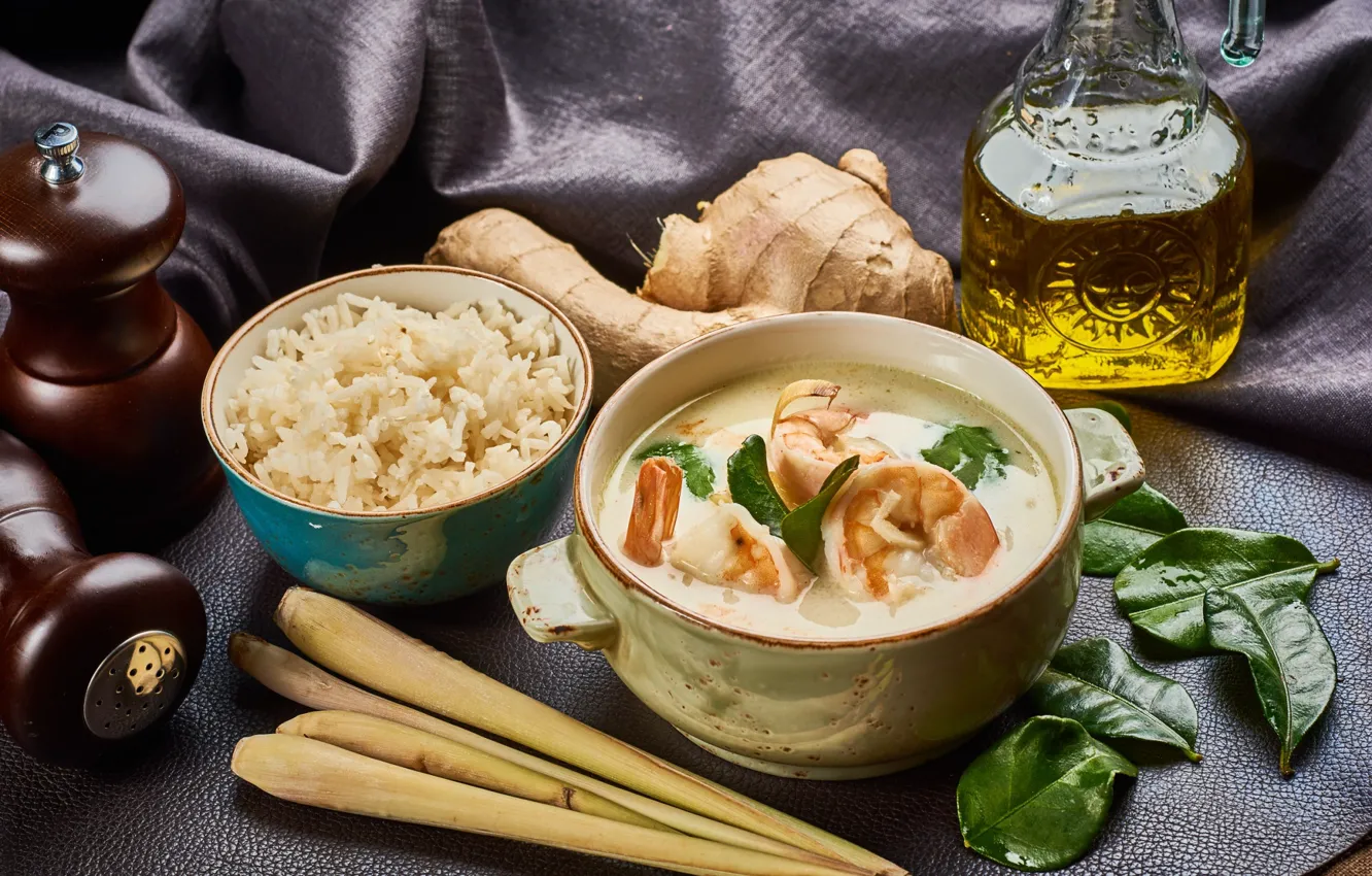 Фото обои суп, рис, креветки, имбирь