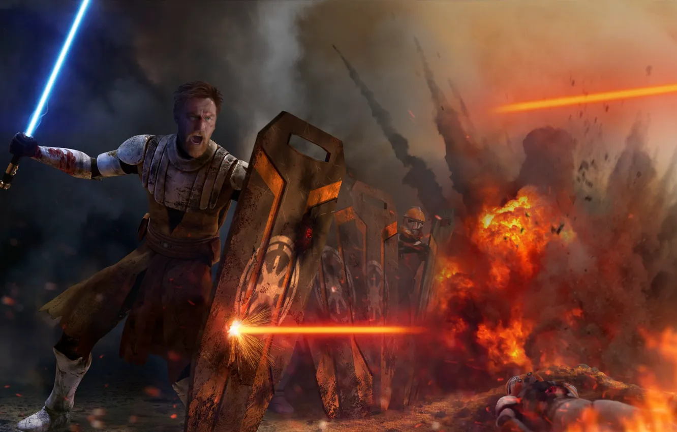 Фото обои Star Wars, Obi Wan Kenobi, war, fight, jedi, shield, light saber, Peacekeeper