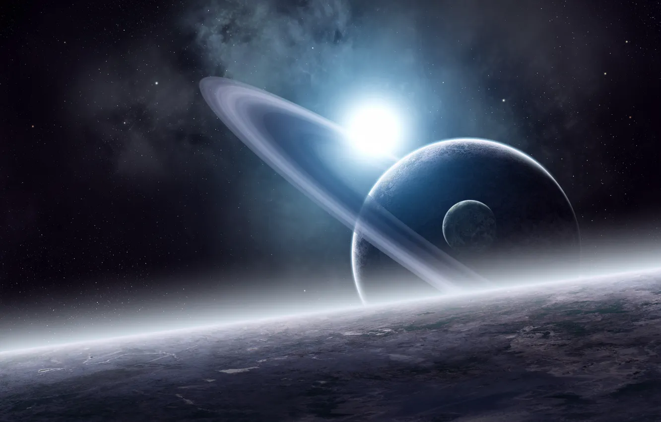 Фото обои Звезды, Туманность, Планеты, Planets, Stars, Кольца, Спутник, Поверхность