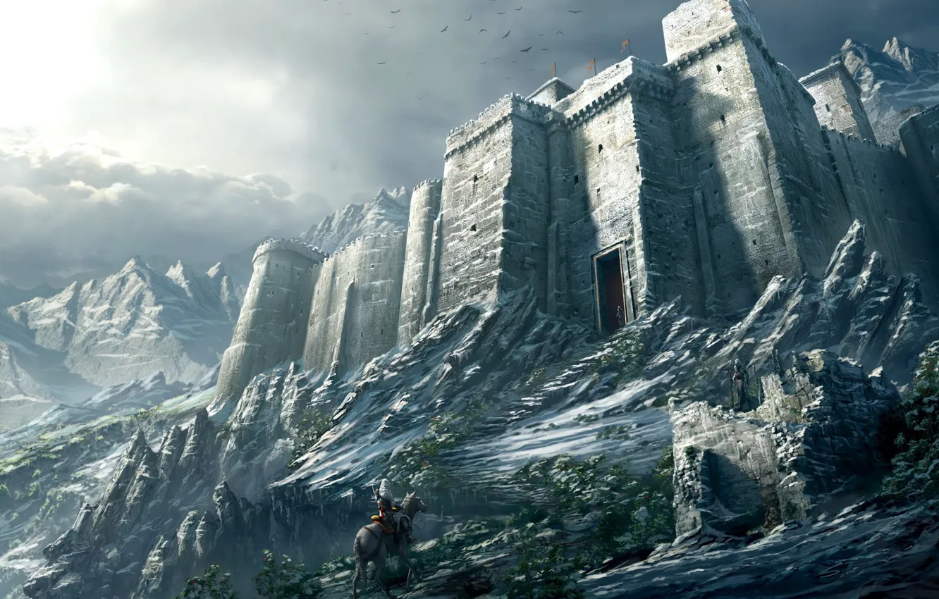 Фото обои снег, горы, Замок, воин