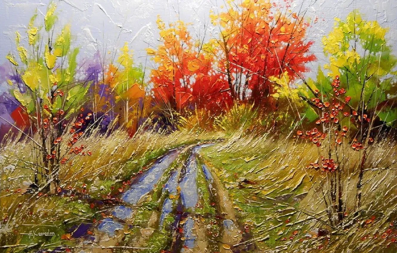 Фото обои дорога, осень, лес, деревья, пейзаж, ягоды, листва, тропа