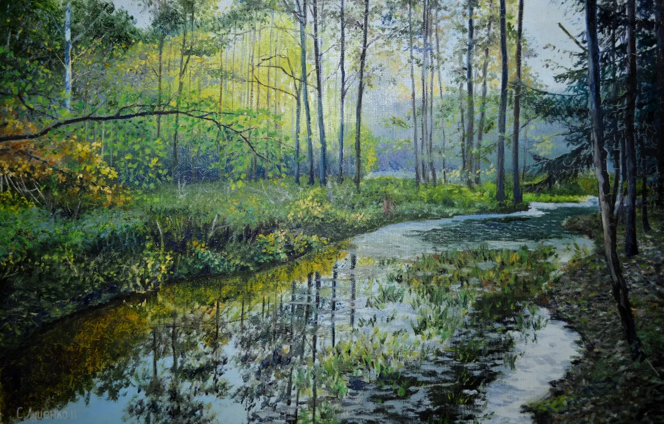 Фото обои лес, вода, деревья, пейзаж, отражение, река, ручей, живопись