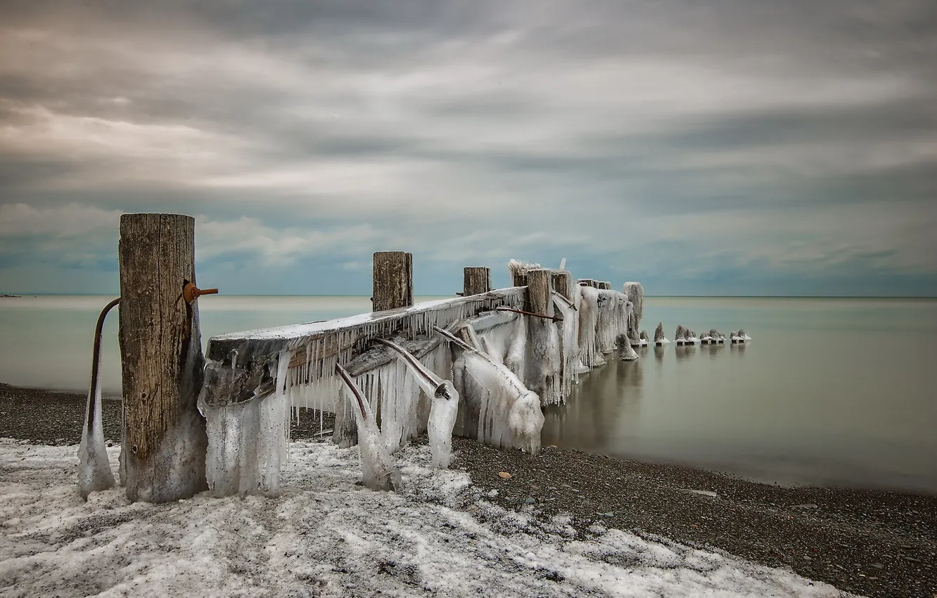 Фото обои зима, море, мост, лёд