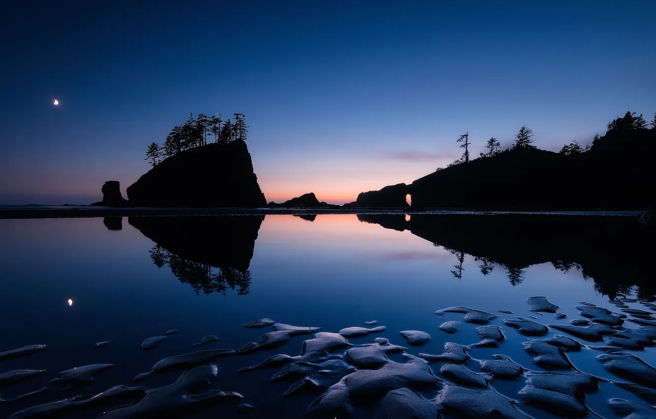 Фото обои море, деревья, пейзаж, ночь, озеро, отражение, камни, скалы