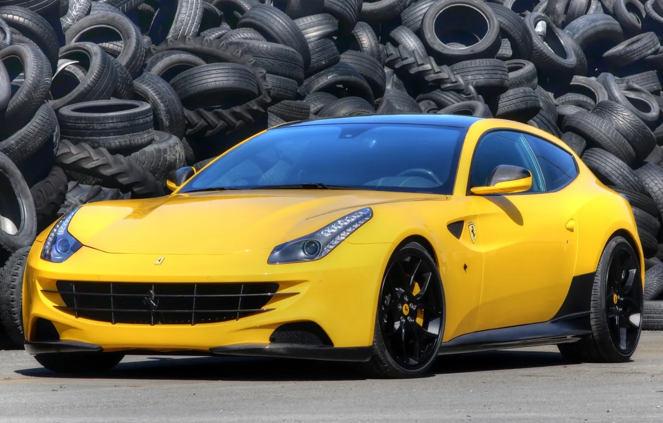 Фото обои желтый, фон, тюнинг, Феррари, Ferrari, шины, суперкар, tuning