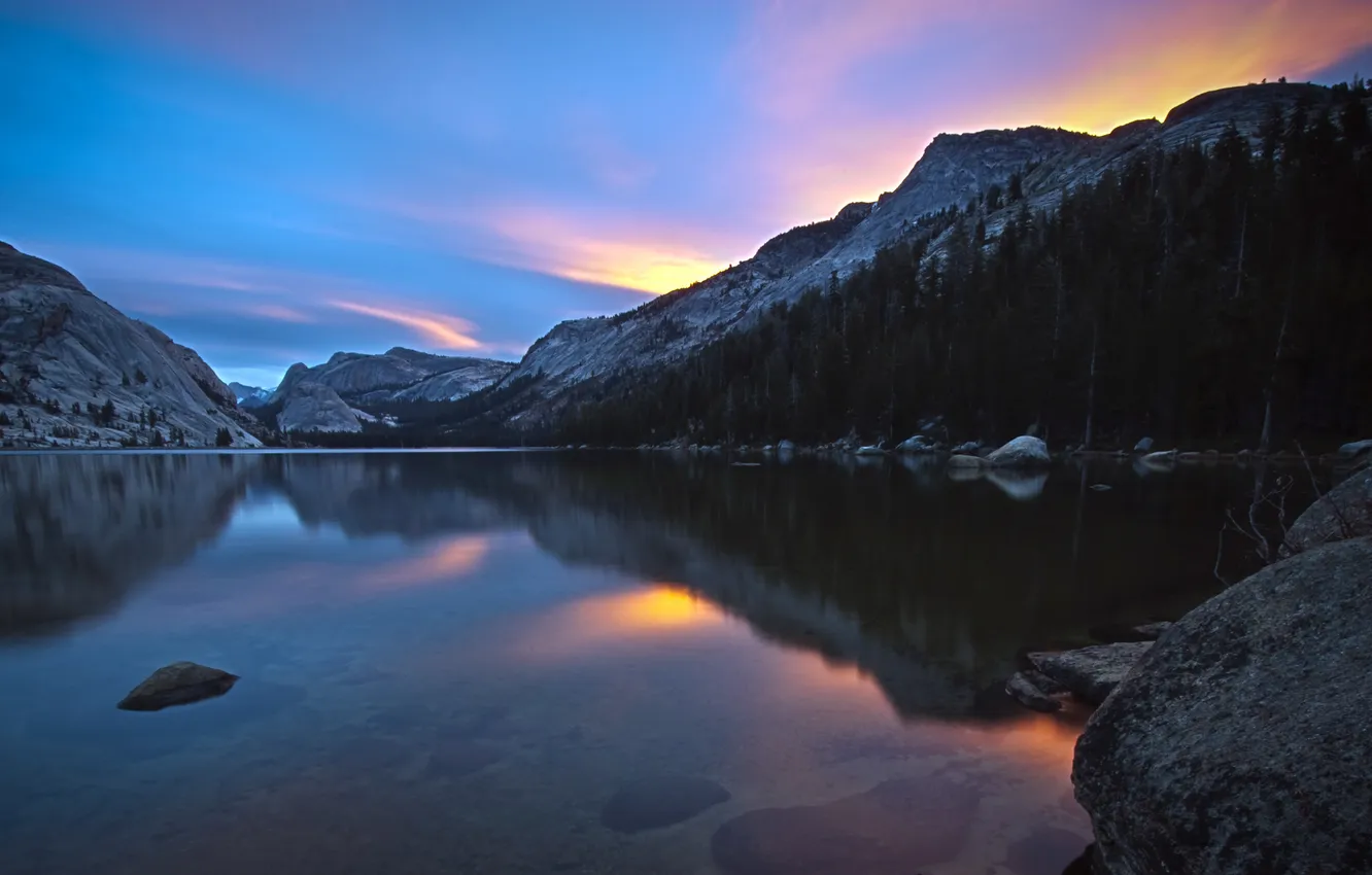 Фото обои горы, рассвет, california, Tenaya Lake