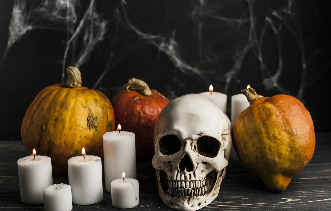 Фото обои череп, паутина, свечи, тыквы, Halloween, Хэллоуин, овощи, October