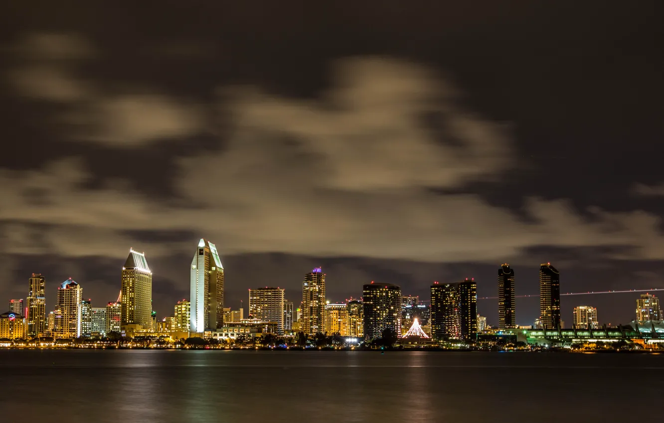 Фото обои lights, огни, река, здания, river, San Diego, neon, buildings