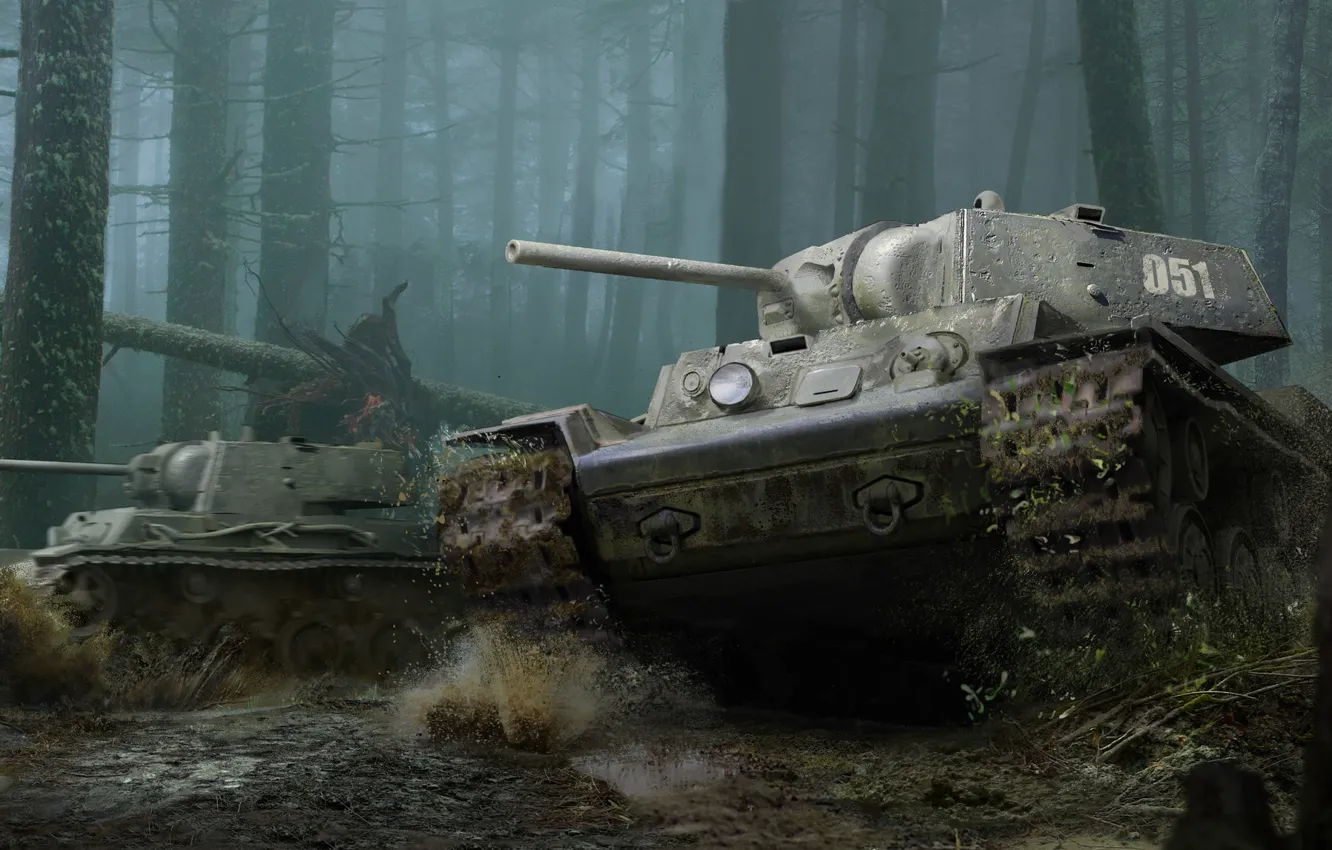 Фото обои Деревья, Лес, Грязь, СССР, Танки, Game, World of Tanks, КВ-1