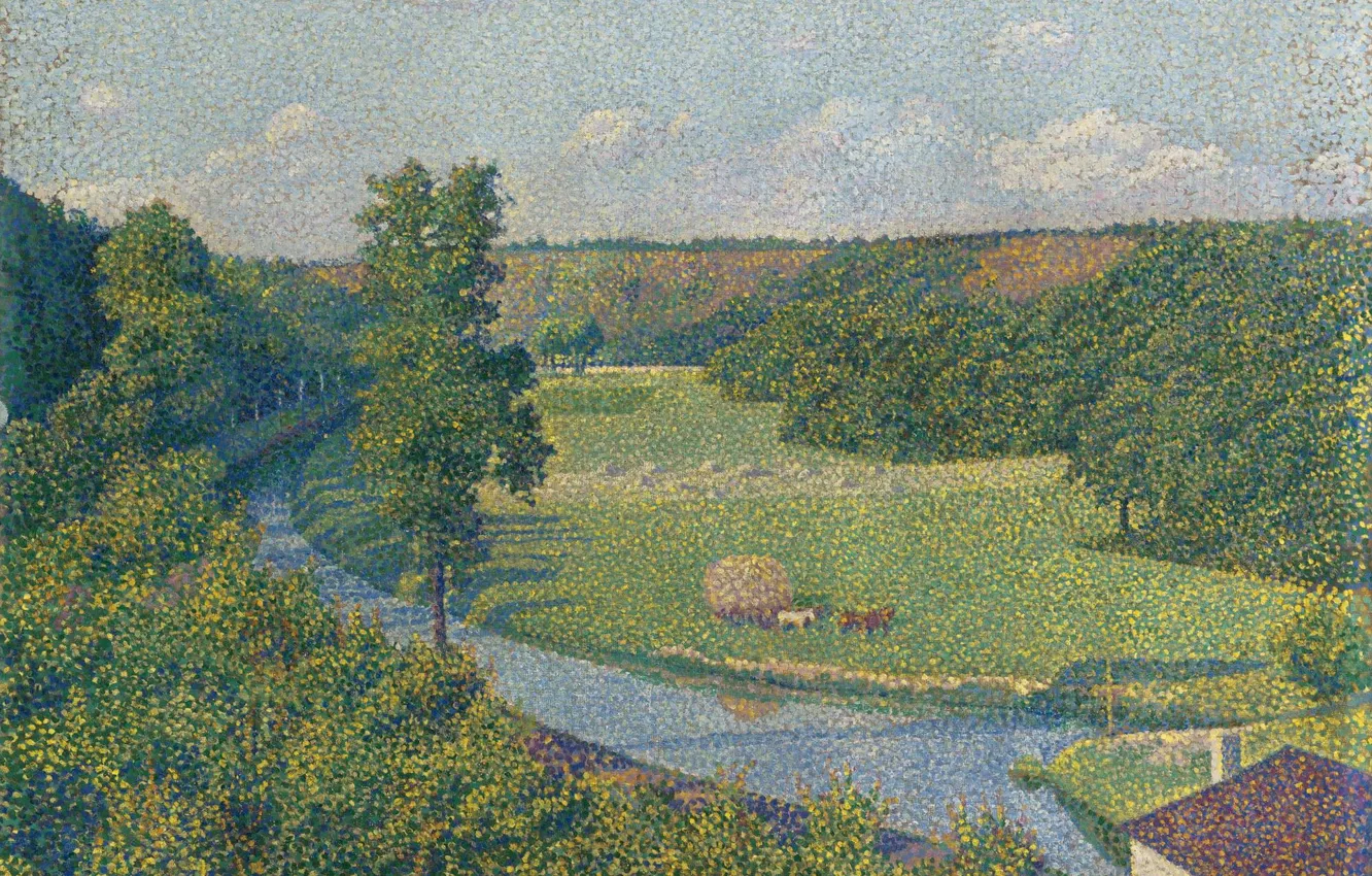 Фото обои пейзаж, река, картина, 1890, пуантилизм, Theo van Rysselberghe, Тео ван Рейссельберге, Долина Самбры