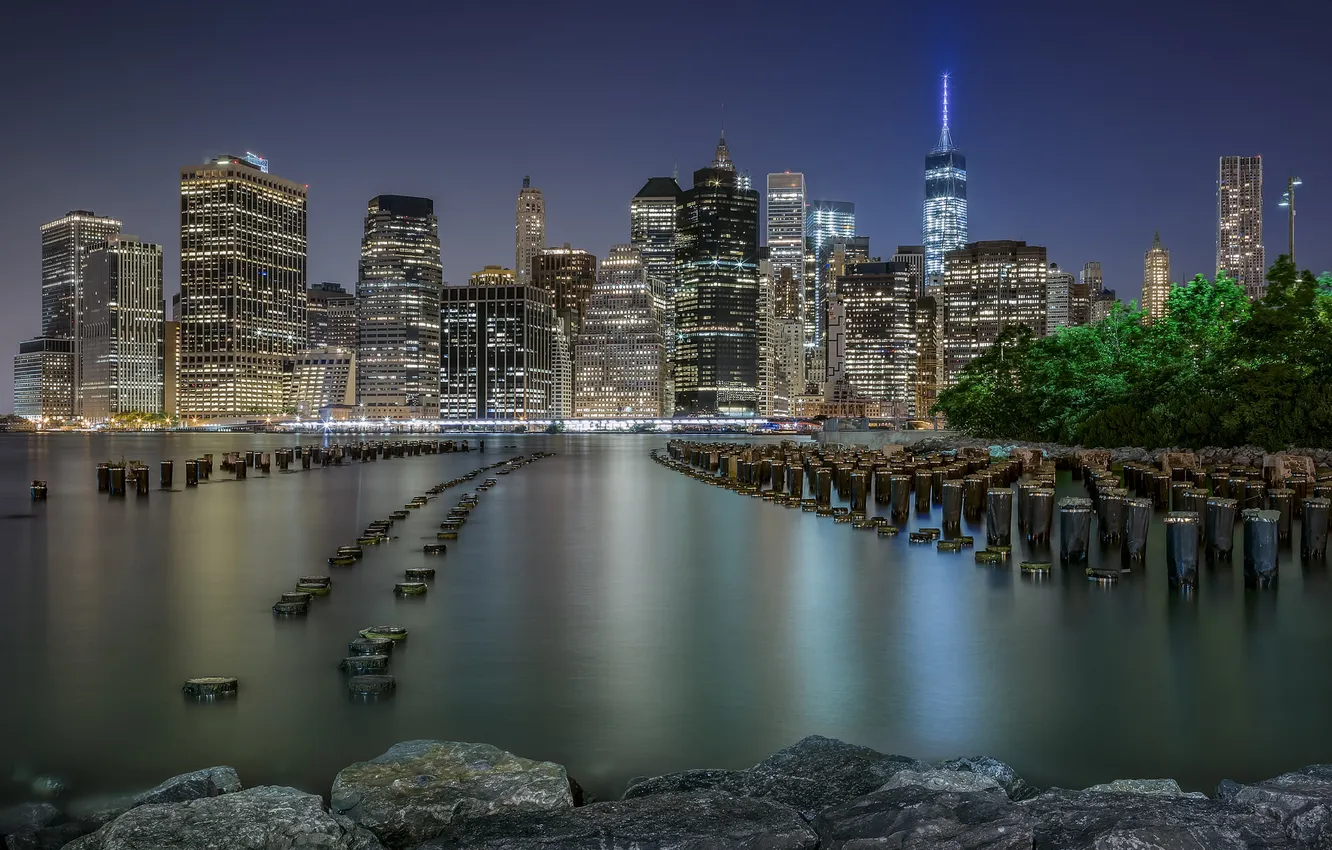 Фото обои ночь, город, здания, дома, Нью-Йорк, небоскребы, США, Нижний Манхэттен